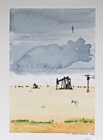Watercolor landscape painting of West Texas with oil well