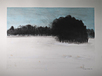 Abstract painting of a grove of trees in the winter.