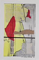 A small abstract collage painting. Mostly yellow and red