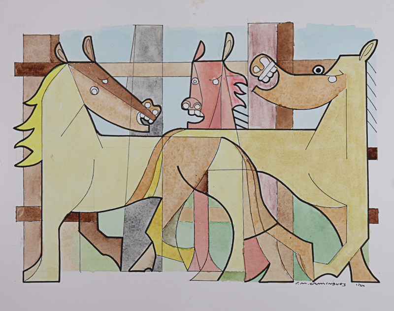 An abstract drawing of some Picasso-style horses.