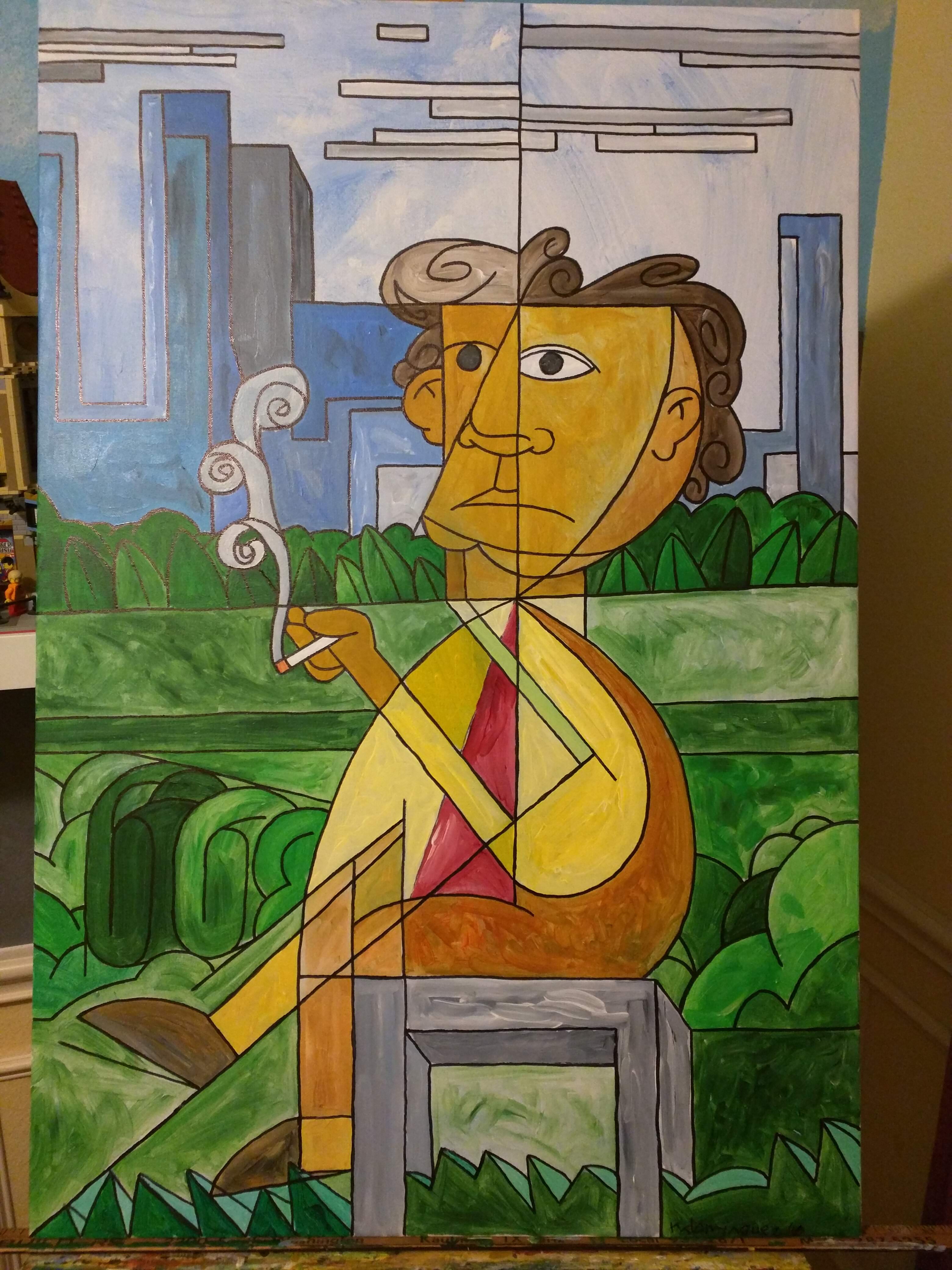 Painting of a man taking a smoke break.