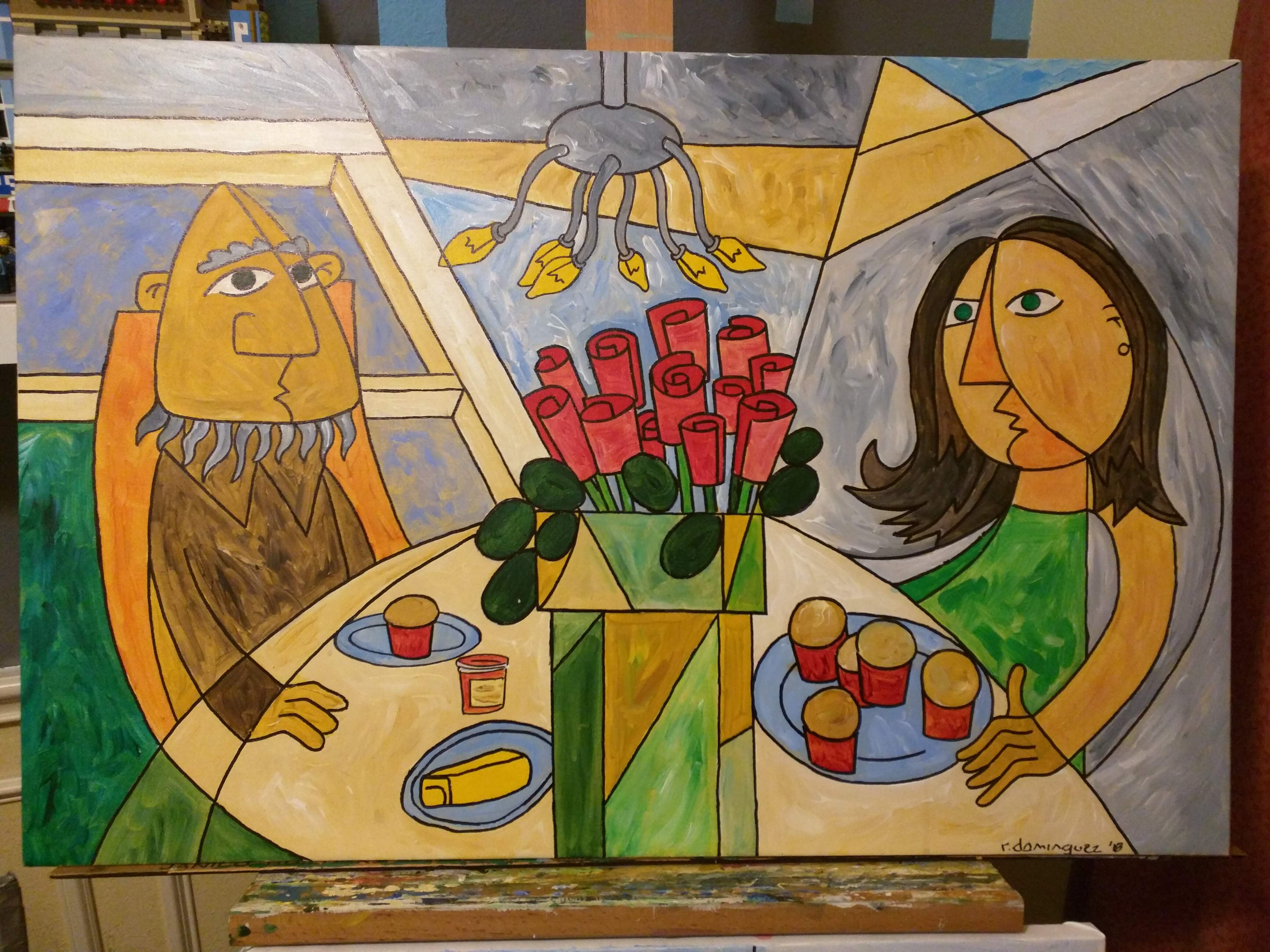 Painting of man and woman at table eating muffins.