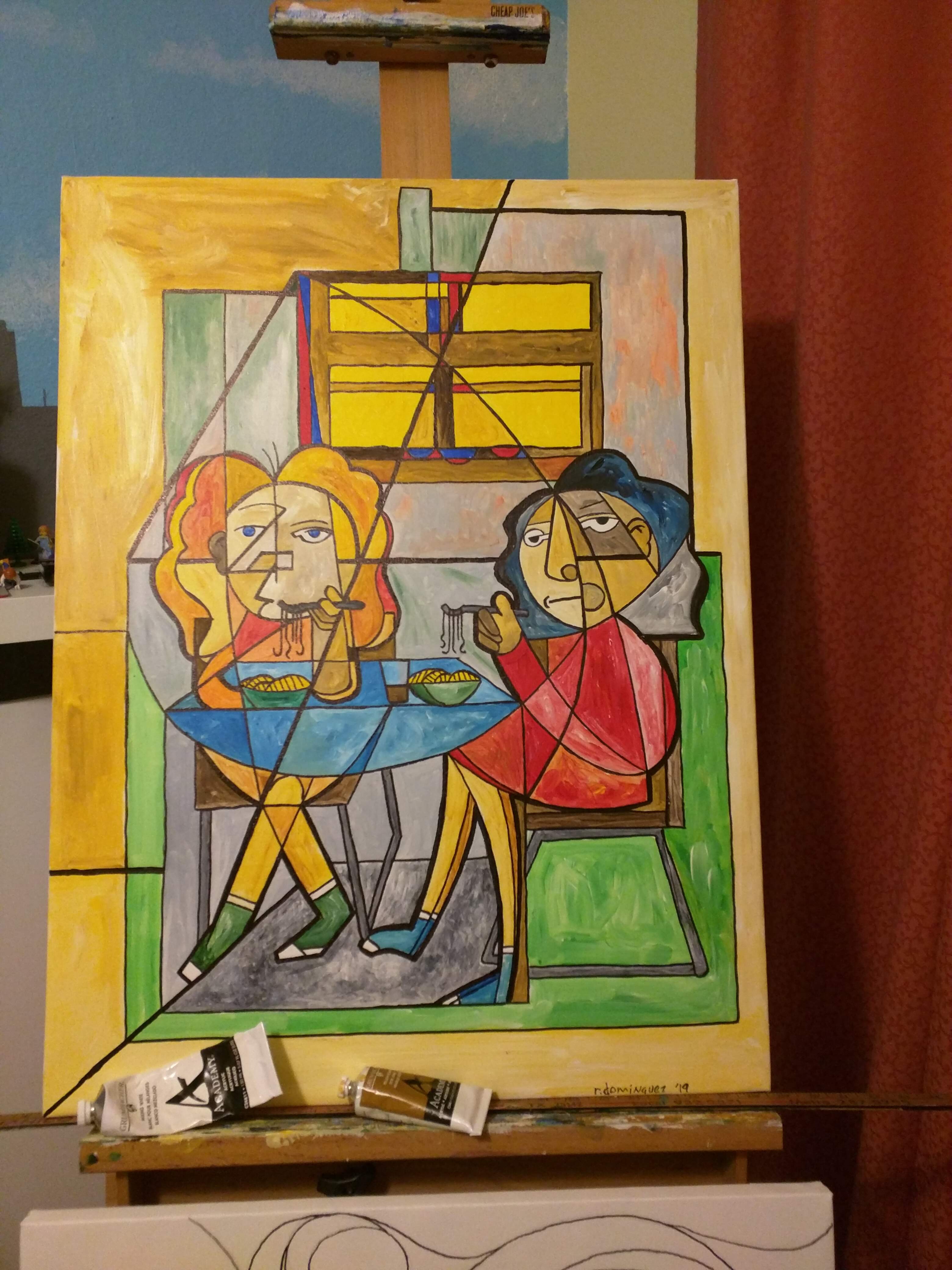 an abstract painting of two girls seated at a table eating bowls of ramen noodles.