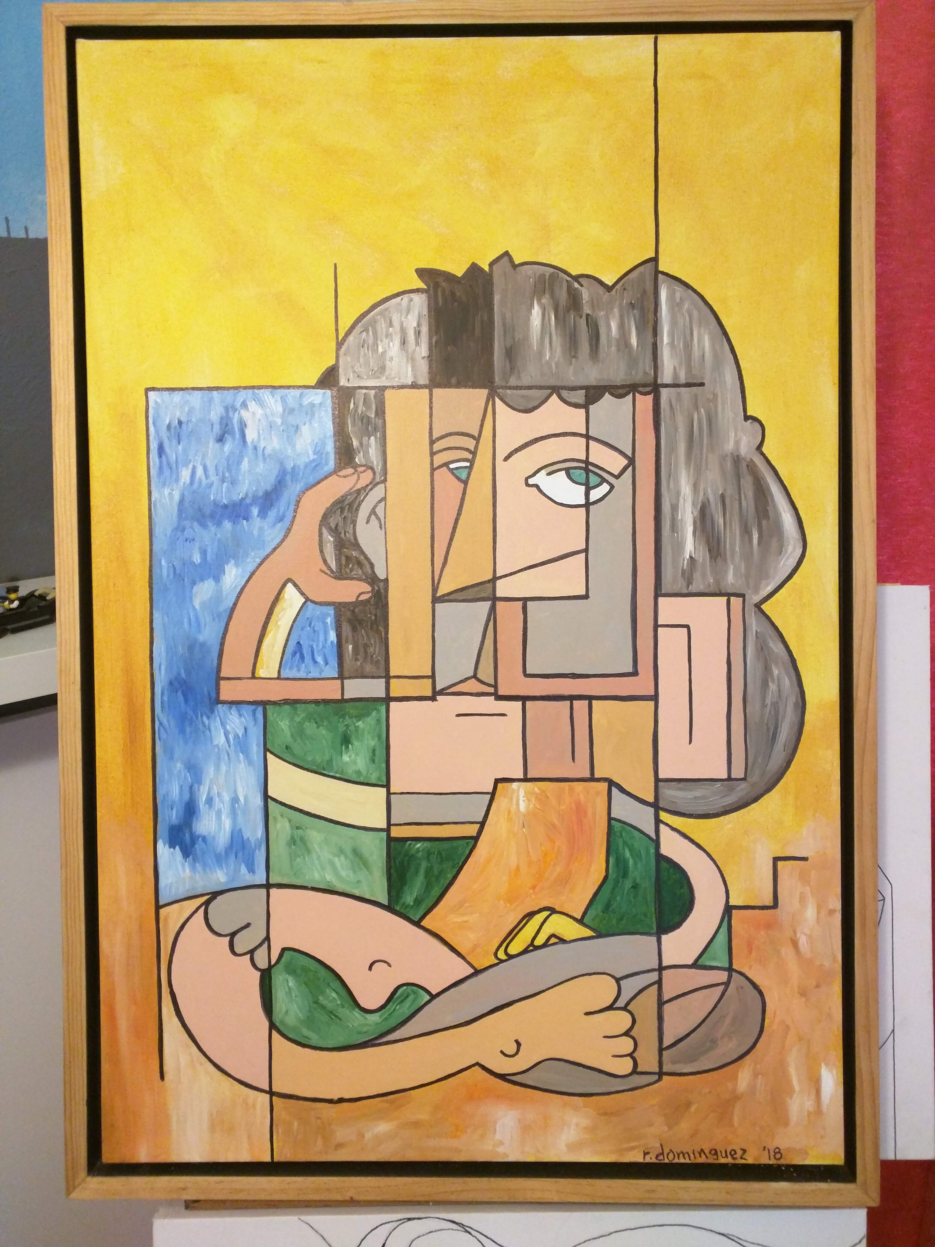 an abstract paitning of a man seated in meditation.