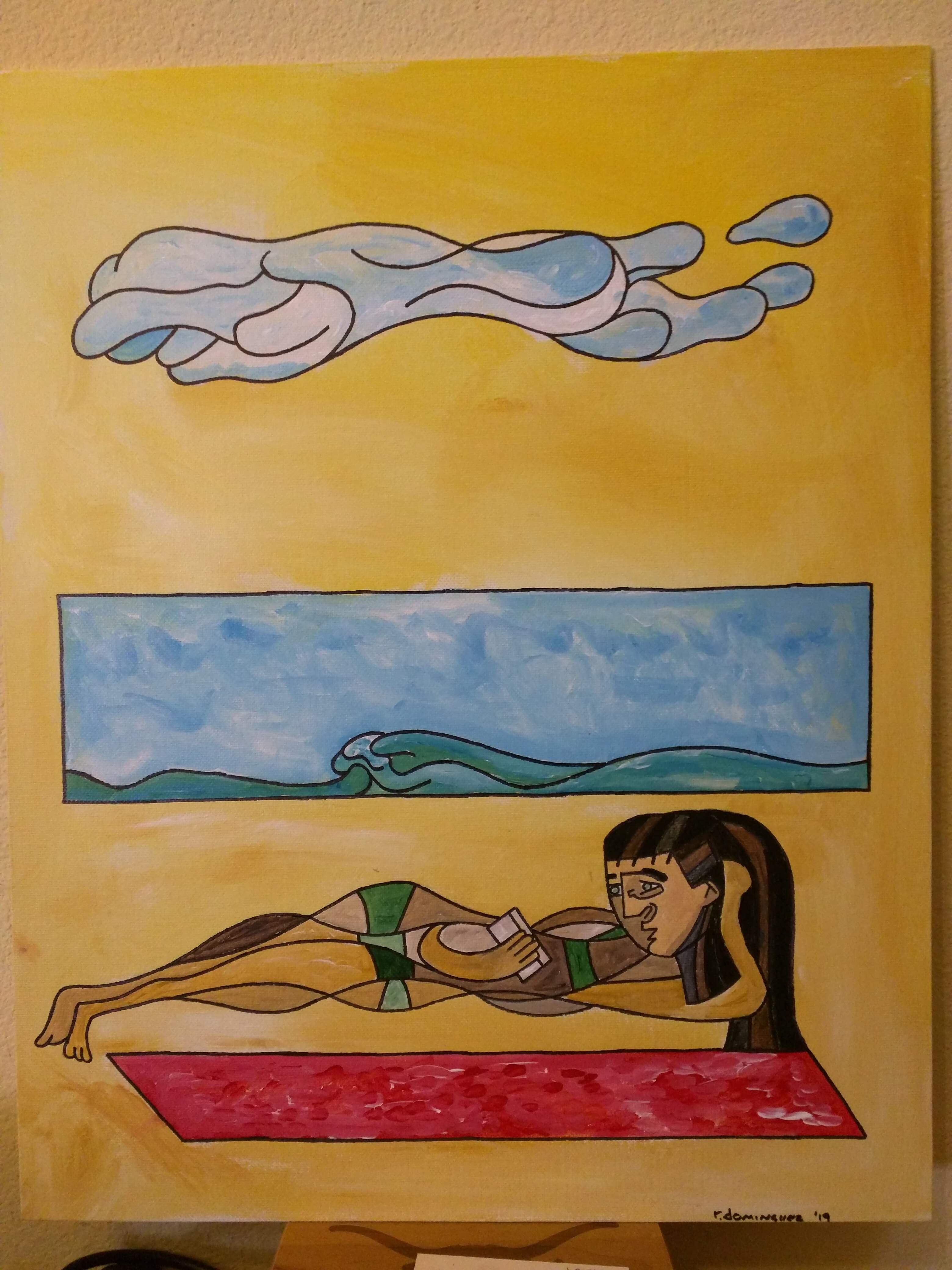 an abstract painting of a girl sunbathing at the beach.