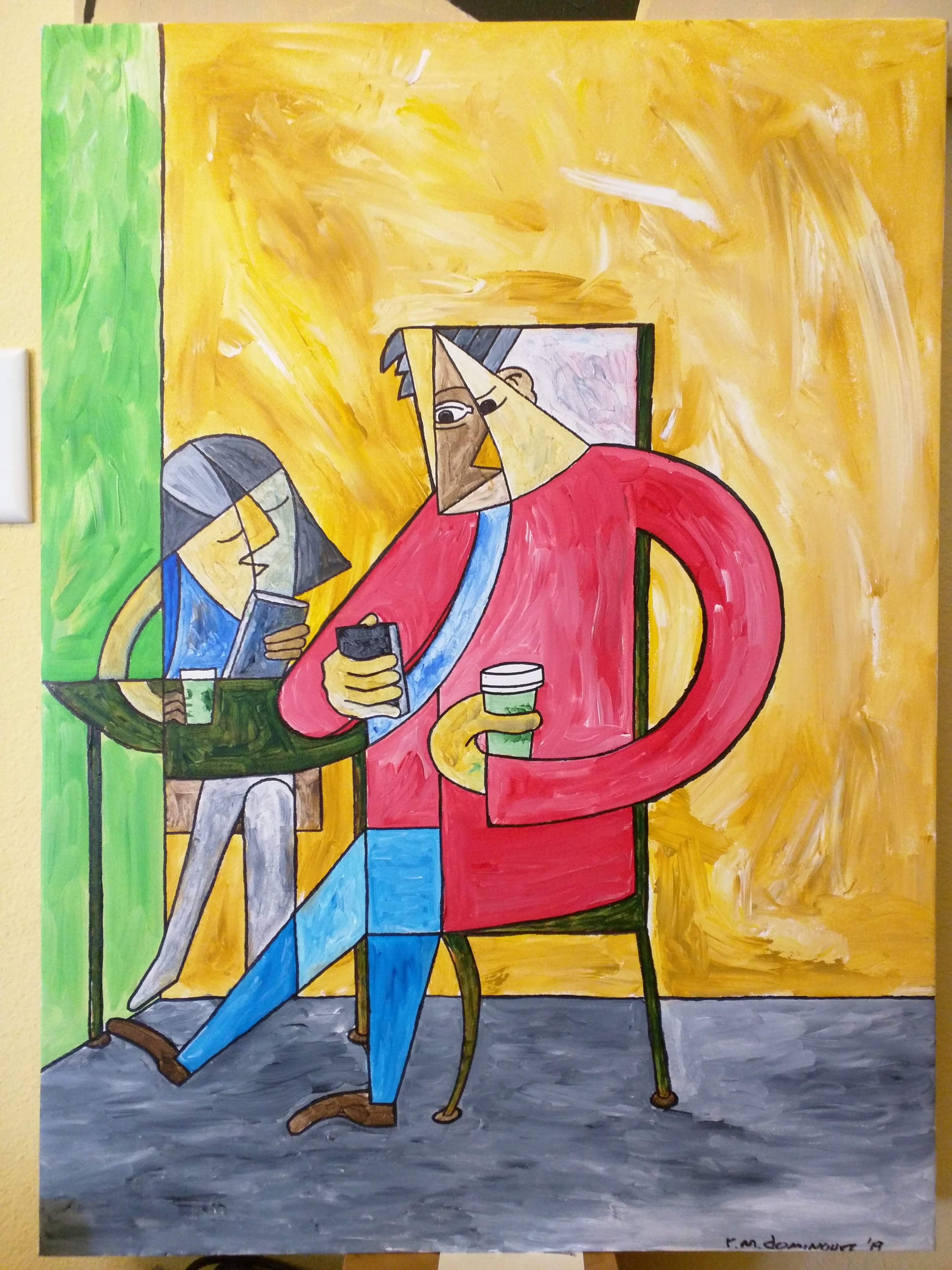 Painting of a couple drinking coffee at a cafe.
