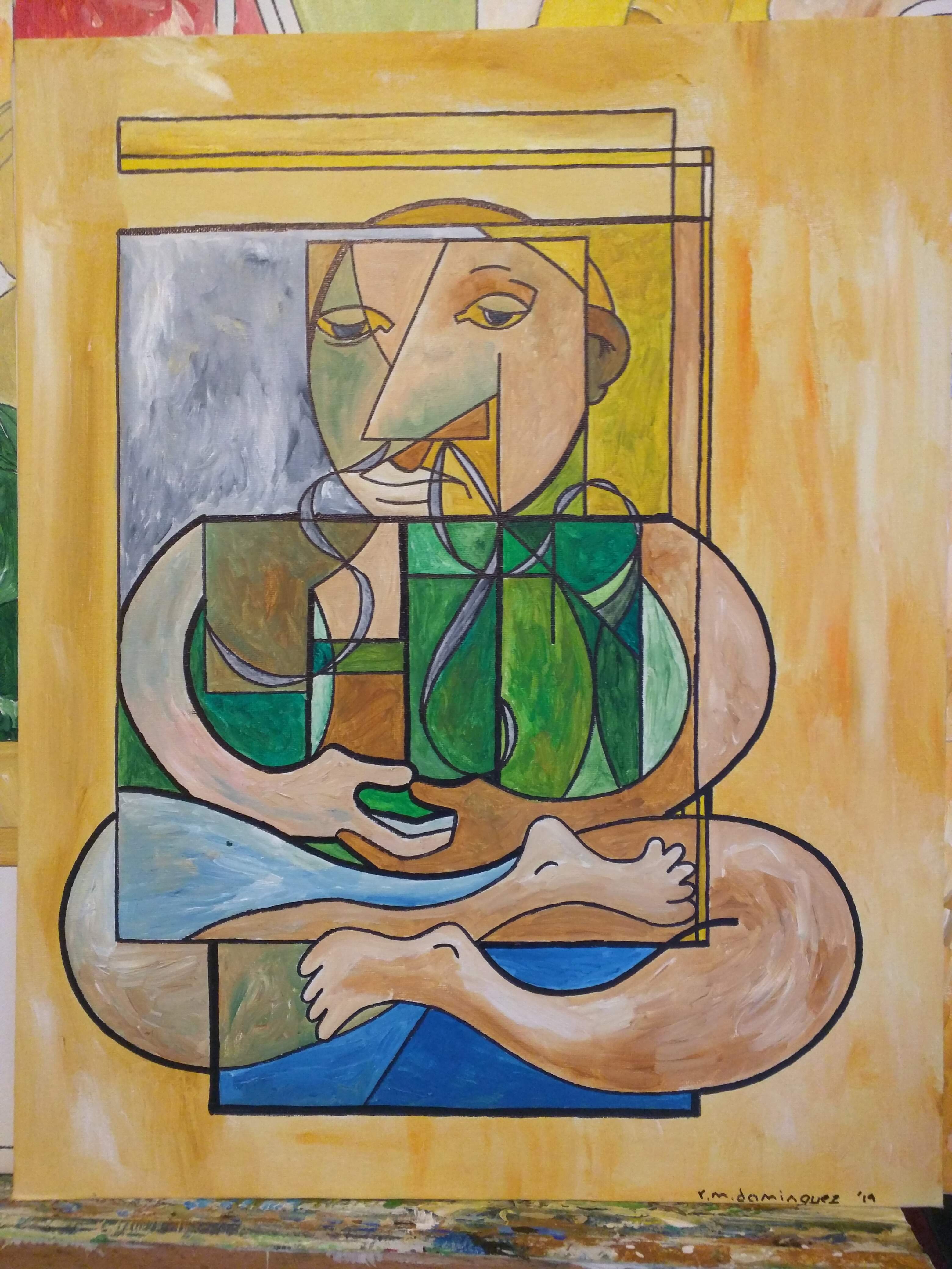 an abstract painting of a seated man meditating.