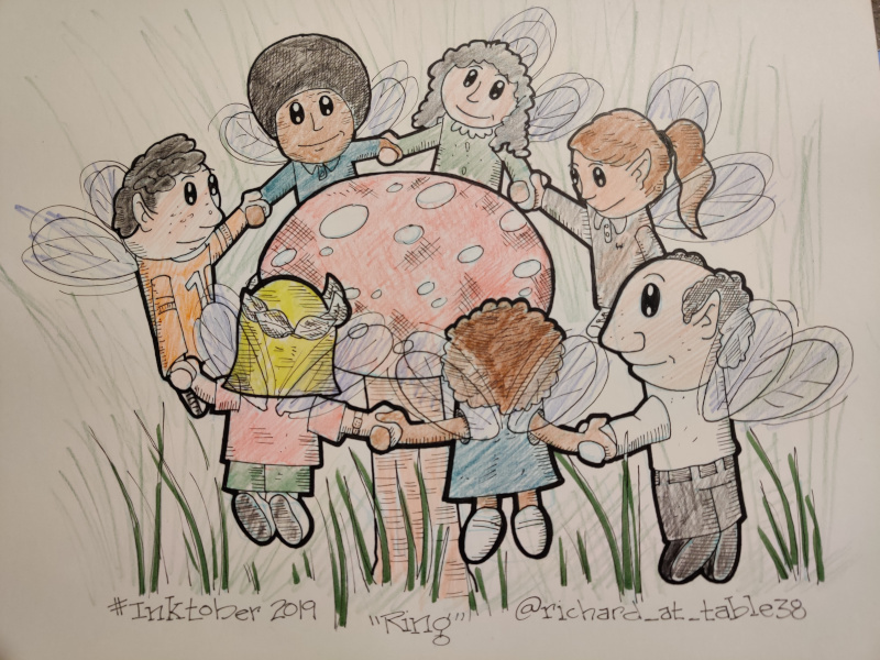 Drawing of some ordinary fairies in a ring around a mushroom.