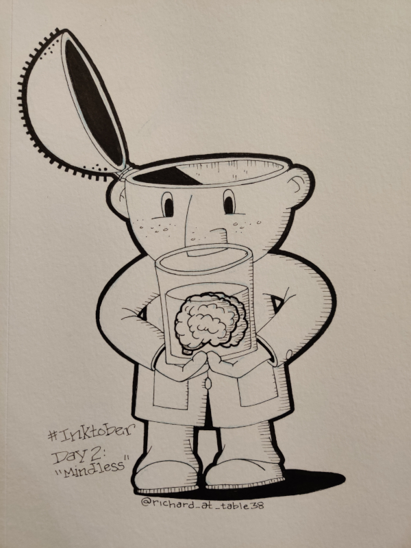 Cartoon of a guy with his head opened like a can and he's holding his brain in a jar.