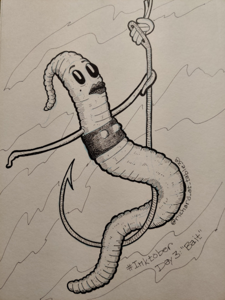 A cartoon of a sexy worm standing on a fishing hook