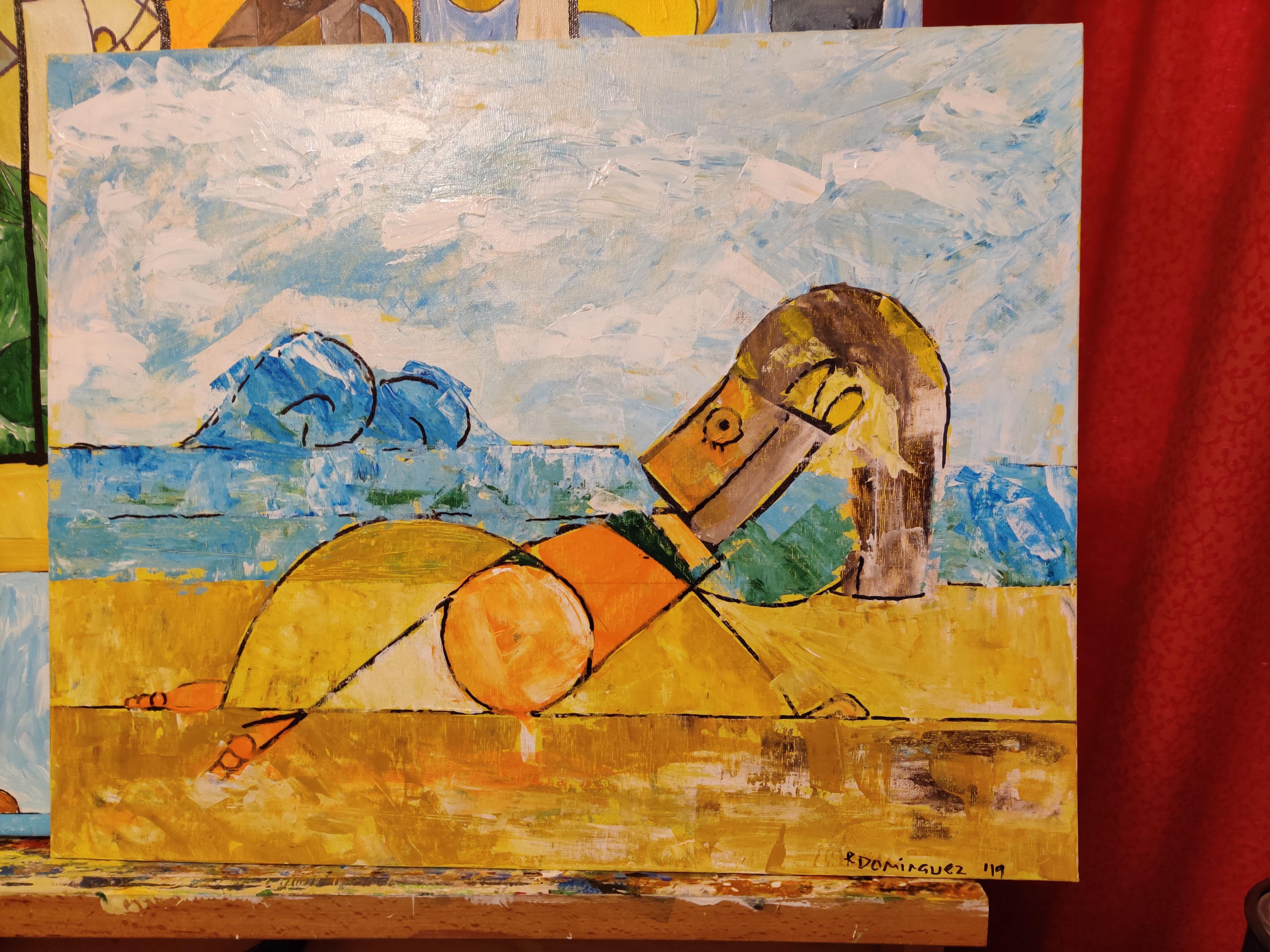 Abstract painting of sunbather on a beach